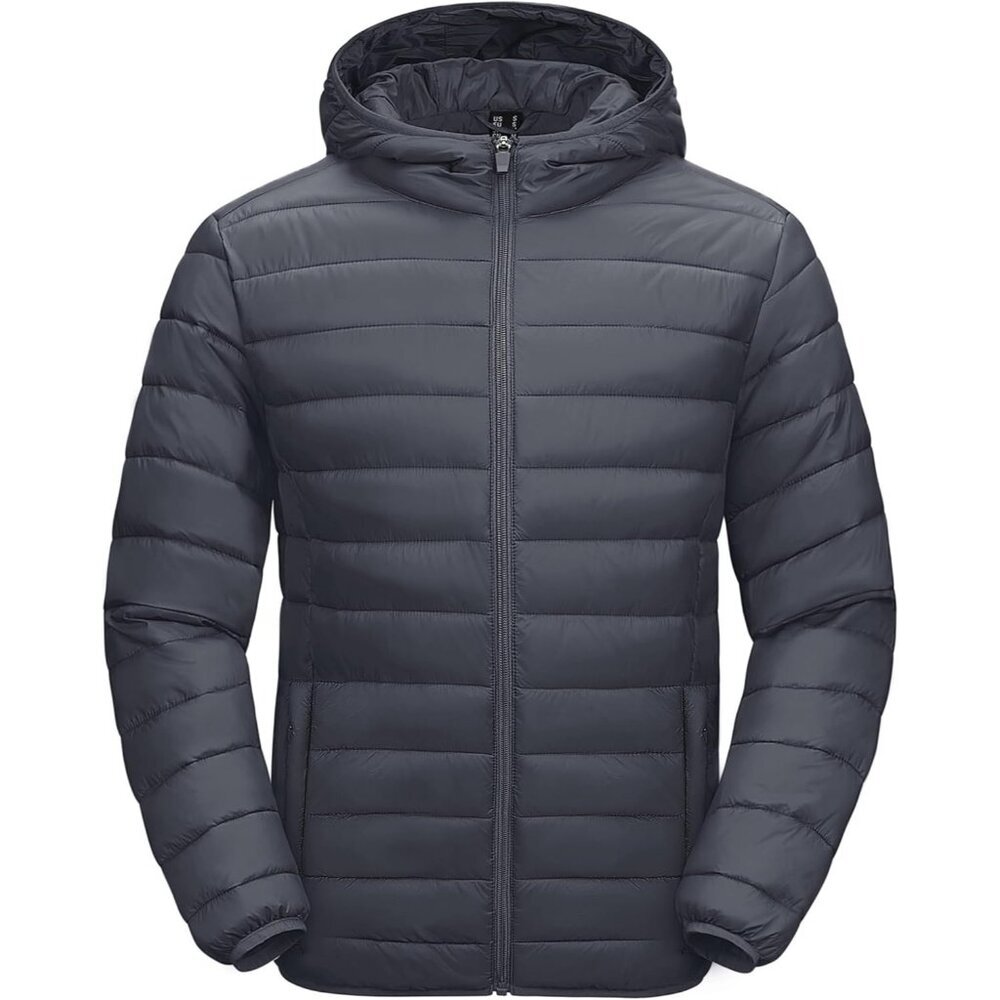 Men's Gray Hooded Water-Resistant Outerwear Warm Quilted Puffer Jacket